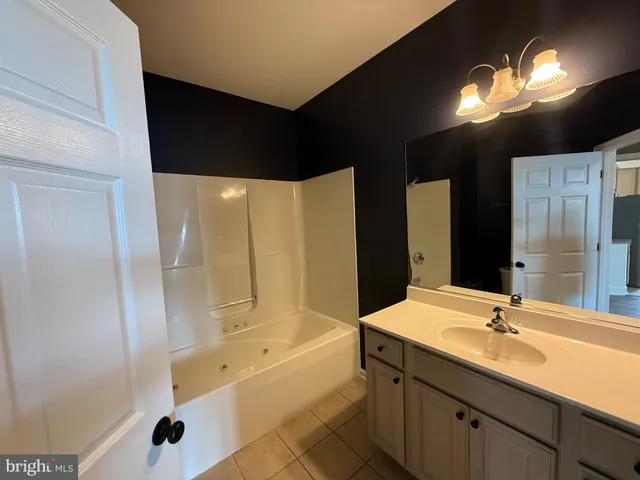 a bathroom with a tub a sink double vanity and a mirror
