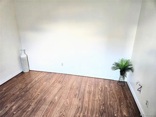 a view of a room with wooden floor and potted plant