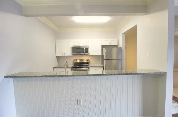 a kitchen with stainless steel appliances granite countertop a refrigerator a stove and a sink