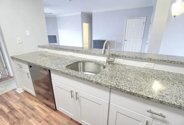 a kitchen with stainless steel appliances granite countertop a sink and a wooden floors