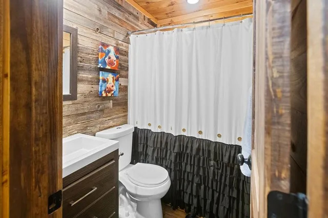 a bathroom with a sink and a shower curtain