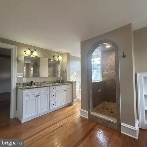 a bathroom with a granite countertop sink shower and a mirror