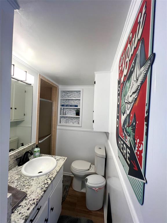 3817 Blue Fin Road Caddo, TX 76429 - Photo 24 of 40 a bathroom with a sink a toilet and a mirror