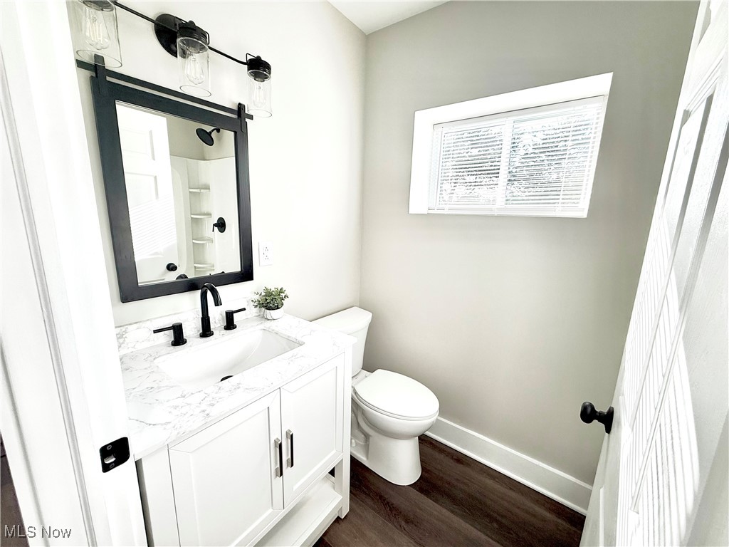 4670 Sandy Lake Road Ravenna, OH 44266 - Photo 13 of 26 Full bathroom featuring toilet, wood finished floors, vanity, baseboards, and a shower