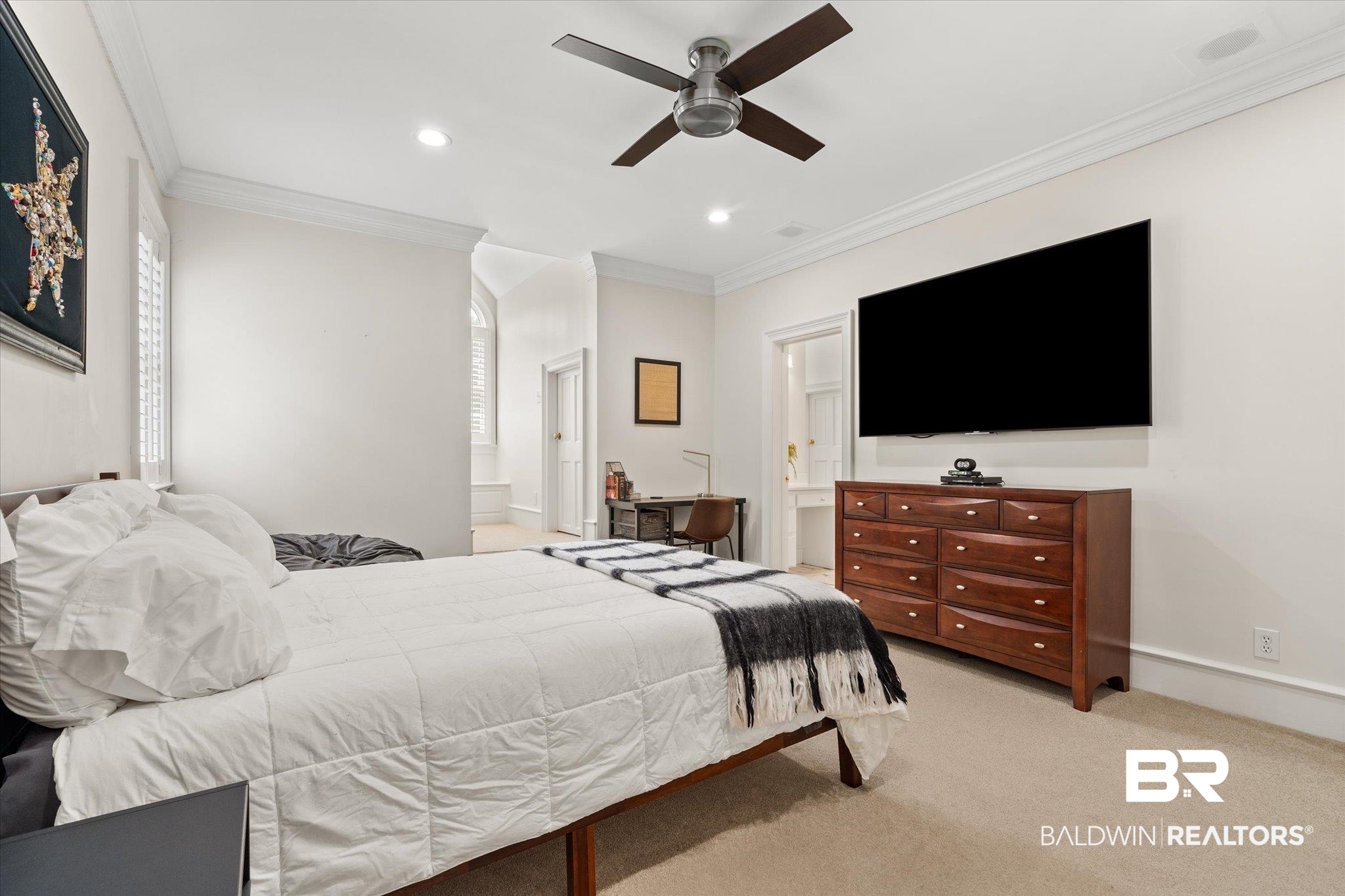 8561 Dawes Lake Road Mobile, AL 36619 - Photo 32 of 63 Carpeted bedroom featuring connected bathroom, recessed lighting, crown molding, and a ceiling fan