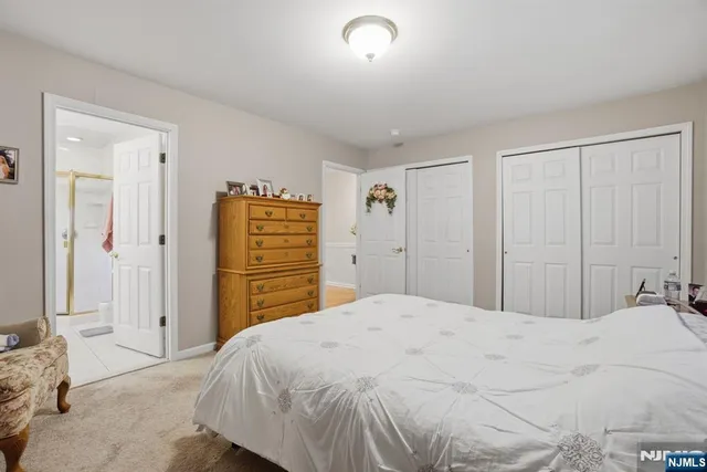 a bedroom with a bed and a closet