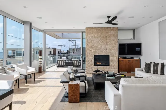 a living room with fireplace furniture and a flat screen tv