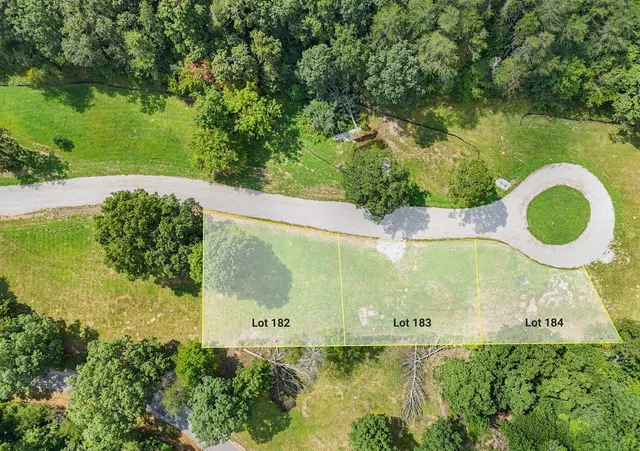 an aerial view of a residential houses with outdoor space and trees all around
