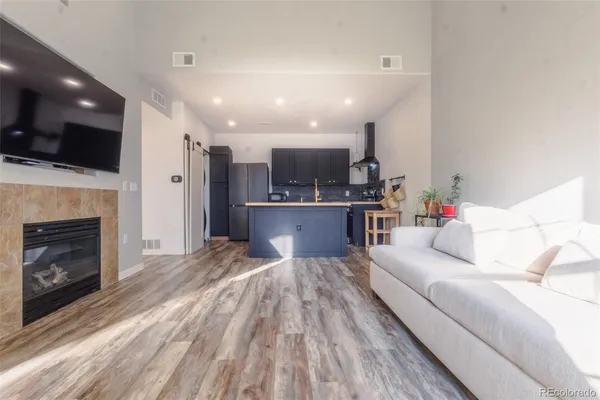 a living room with furniture and a fireplace
