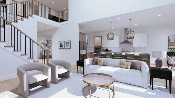 a living room with furniture and a table