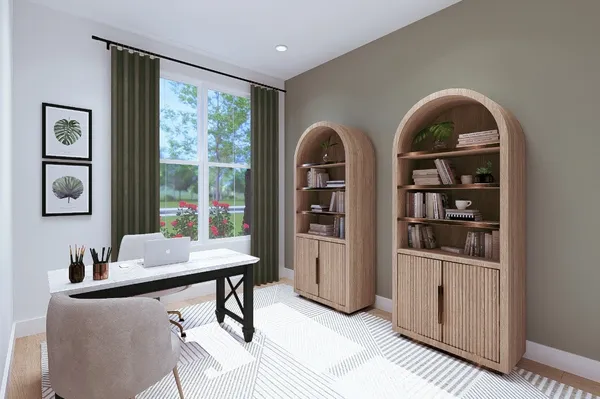 a workspace with furniture and window