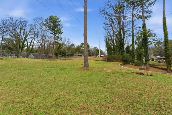 a view of a park with large trees