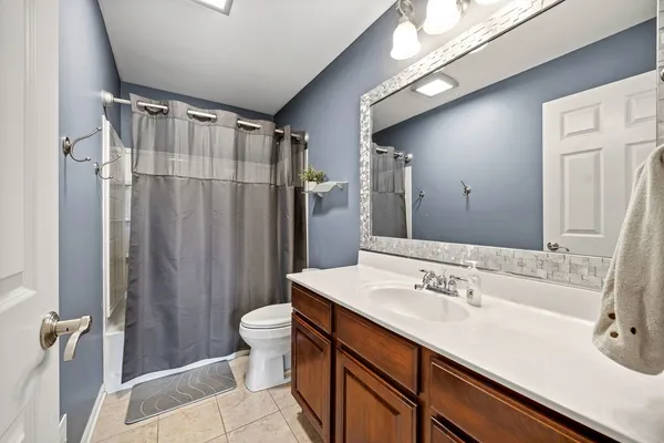 a bathroom with a sink a toilet a mirror and shower