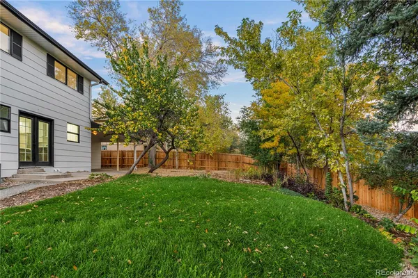a view of a backyard with a large tree