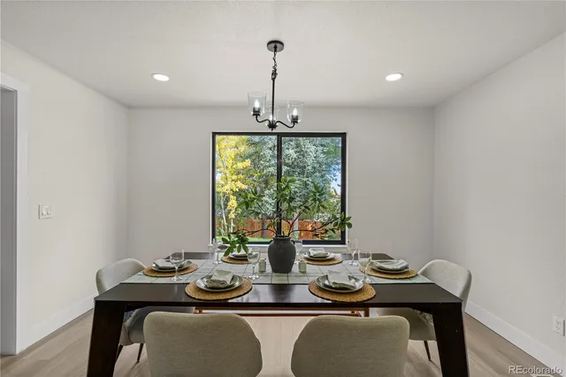 a view of a dining room with furniture window and outside view