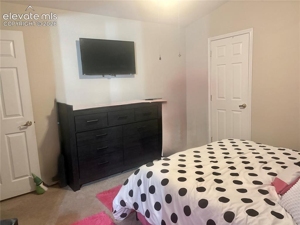 3748 Riviera Grove, Unit 203 Colorado Springs, CO 80922 - Photo 19 of 23 a bedroom with a bed and a flat screen tv