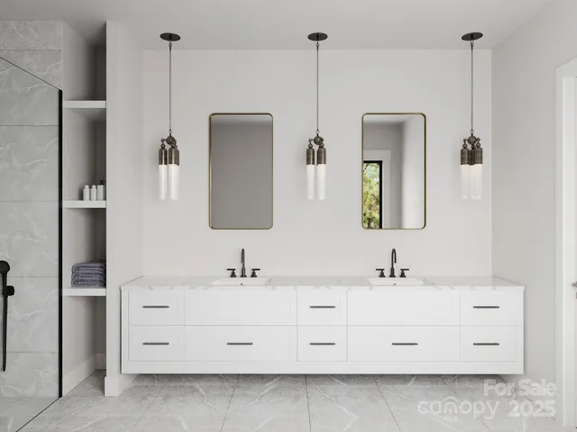 a bathroom with a double vanity sink and mirror