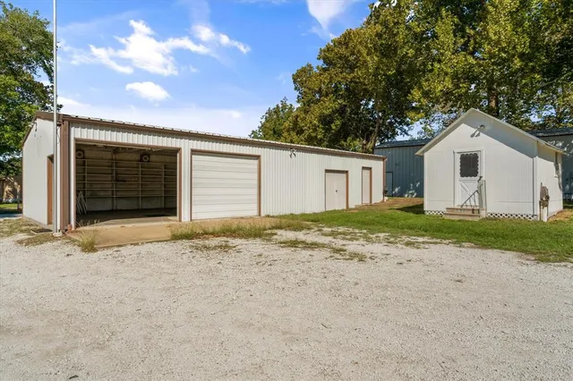 a view of a garage with storage