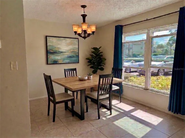 a view of a dining room with furniture window and outside view