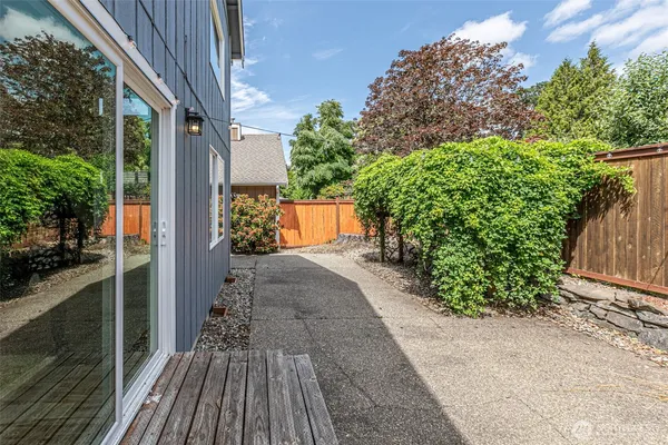 a backyard of a house with table and chairs