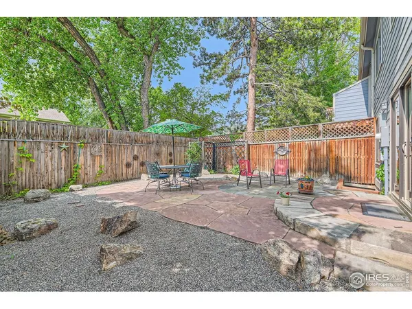 a backyard of a house with table and chairs