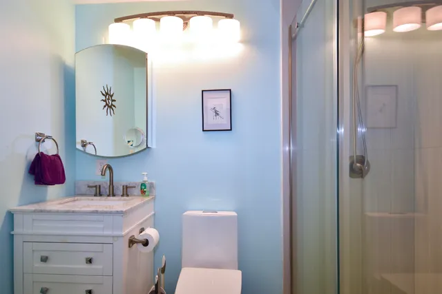 a bathroom with a toilet a sink and mirror