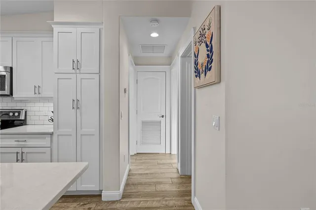 a view of a hallway with closet and front door