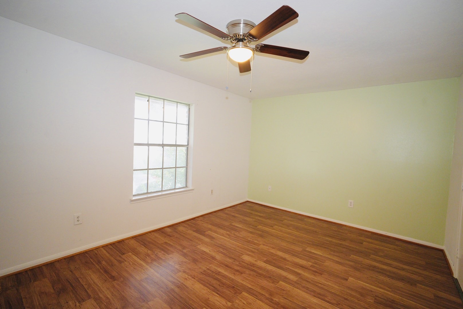 7600 Burgoyne Road, Unit 250 Houston, TX 77063 - Photo 4 of 14 Discover serenity in this inviting primary bedroom featuring warm wood floors, soothing green accent walls, ample natural light, and a stylish ceiling fan for your comfort.