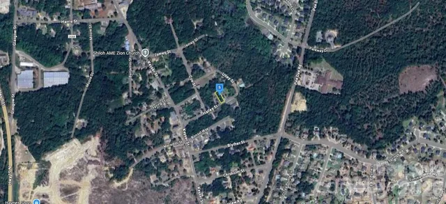 a backyard of a house with lots of plants and trees