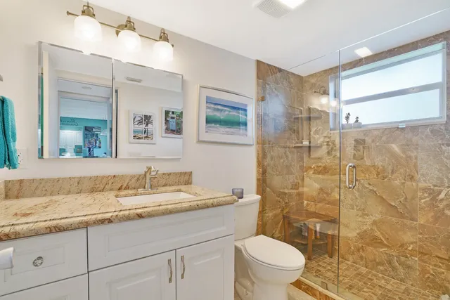 a bathroom with a granite countertop sink a toilet and a mirror