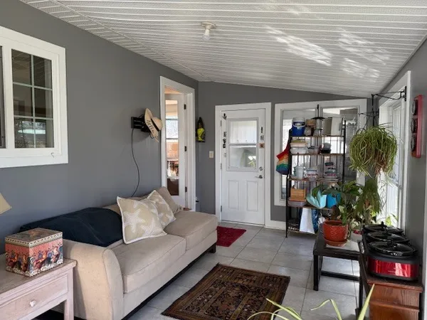 a living room with furniture and a potted plant