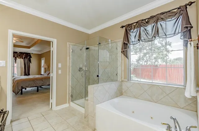 a bathroom with a bathtub and a shower