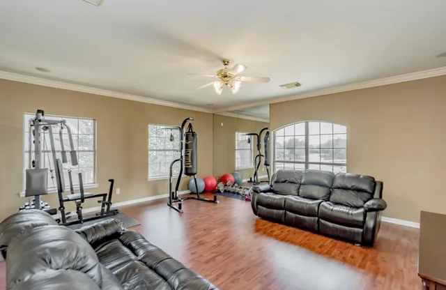a living room with furniture ceiling fan and a window