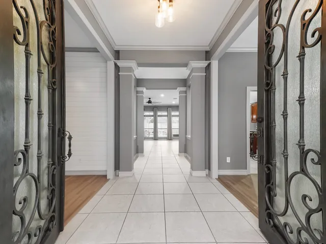 a view of a hallway with painted walls