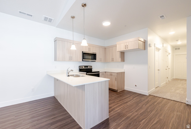 4662 Poplar Way, Unit Q303 Mapleton, UT 84664 - Photo 6 of 18 Kitchen with a peninsula, light wood finish cabinets, stainless steel appliances, and dark wood-style floors