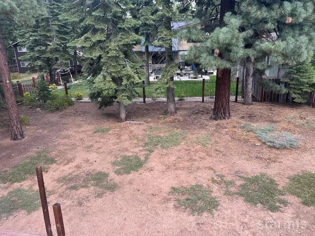 a view of a yard with plants and a bench