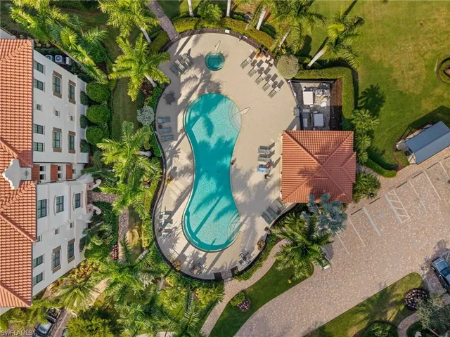 an aerial view of a swimming pool