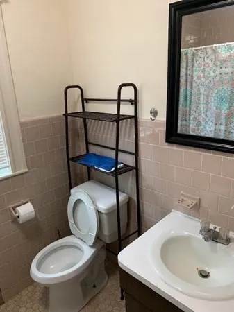 a bathroom with a toilet a sink and mirror