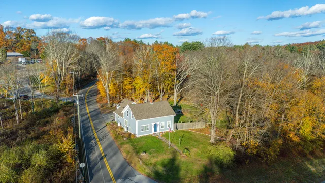 a view of a city with tall trees