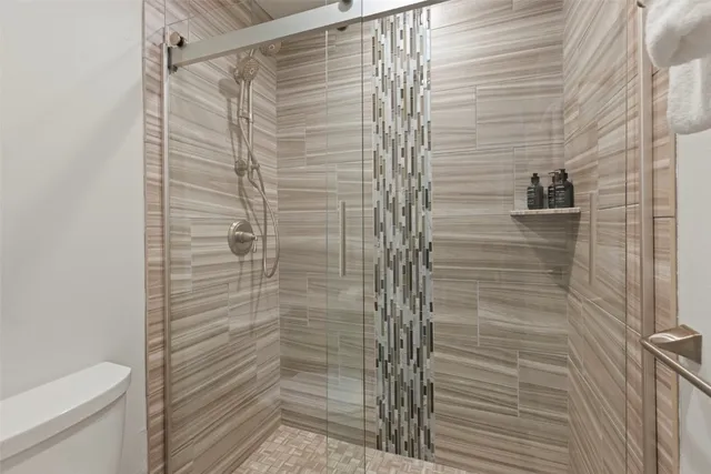 a bathroom with a shower and toilet