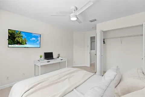 a bedroom with a bed and a desk