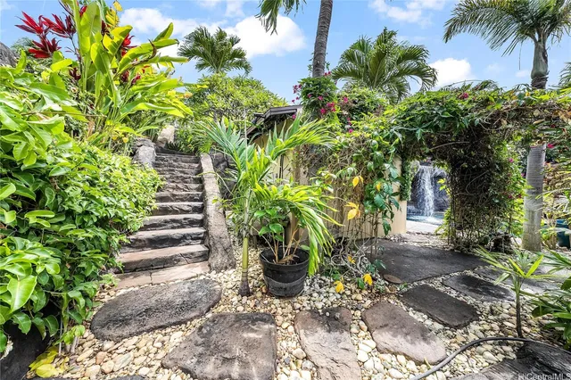 a view of a garden with a chair