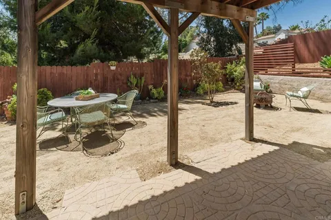 a view of a backyard with sitting area