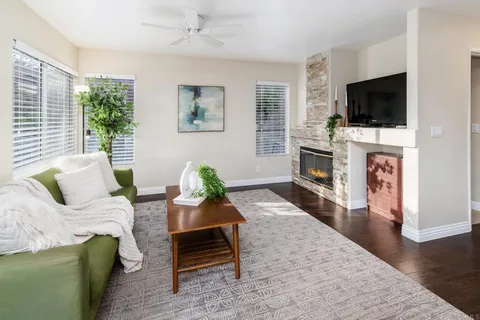 a living room with furniture a flat screen tv and a fireplace
