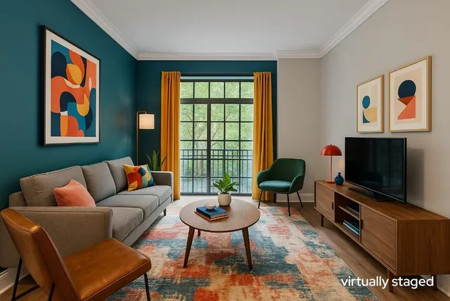 a living room with furniture a flat screen tv and a window