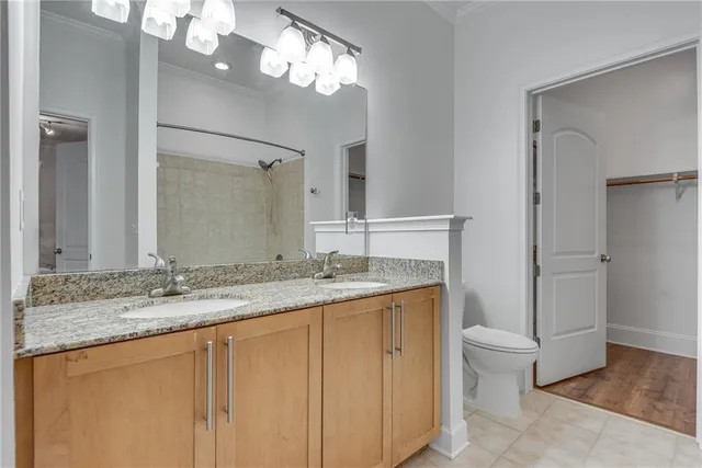a bathroom with a granite countertop sink a toilet and a mirror