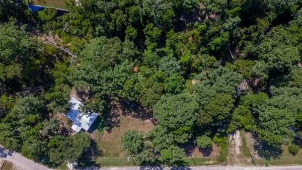an aerial view of a forest with houses