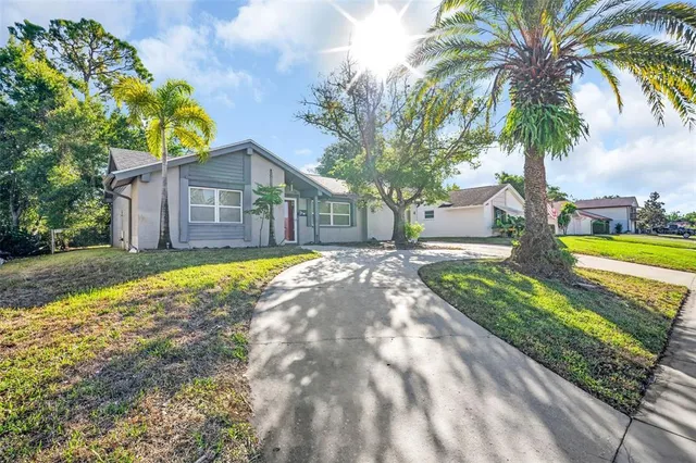 a view of a house with a yard and palm trees