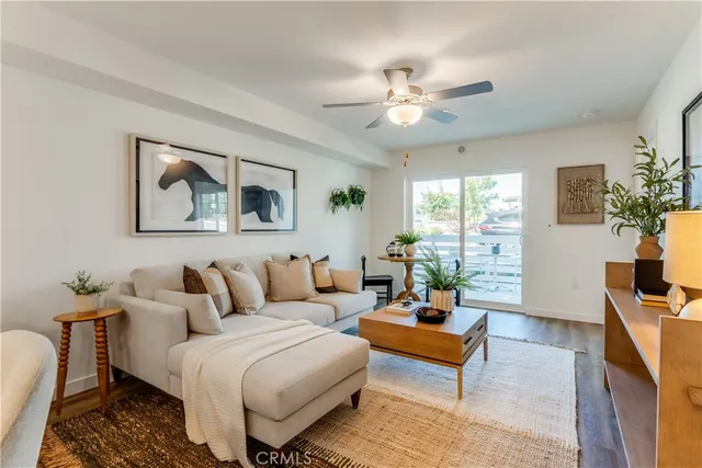 a living room with furniture and a potted plant