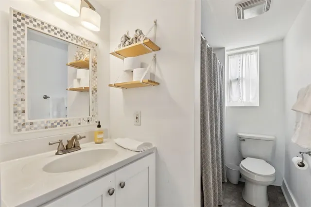 a bathroom with a sink toilet and mirror